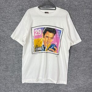Vintage Elvis Presley Rock and Roll Singer USA Stamp Graphic T Shirt White Large